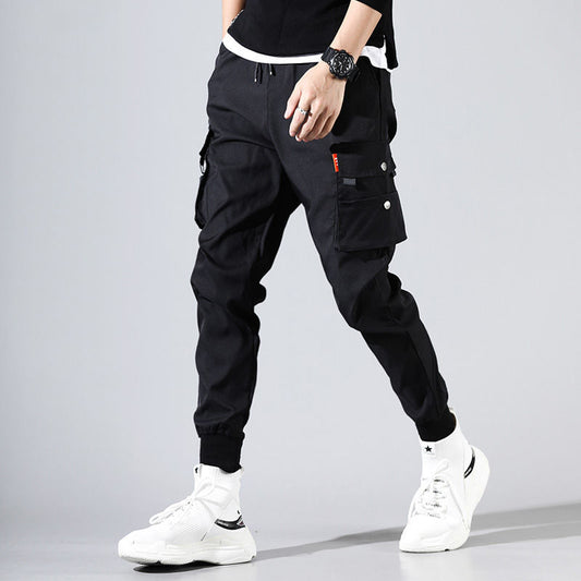 Cargo Pants Men Solid Color Black Loose Casual Jogger Pocket Elastic waist Ankle Length Trousers Techwear