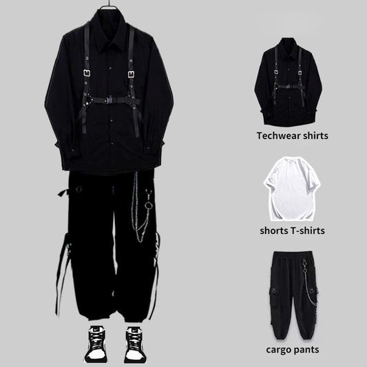 Techwear Pant Sets Men Punk 3 Piece Black Cargo Pants Long Sleeve Shirts