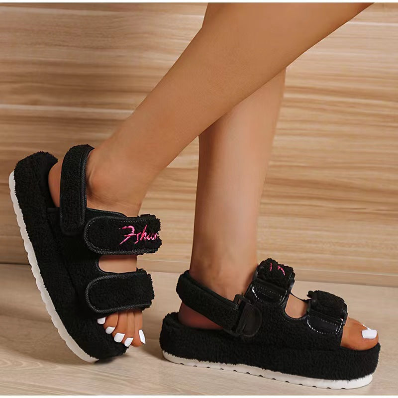 Autumn Sandals Women Velcro Plush Shoes Rome Platform High Heel Sandals